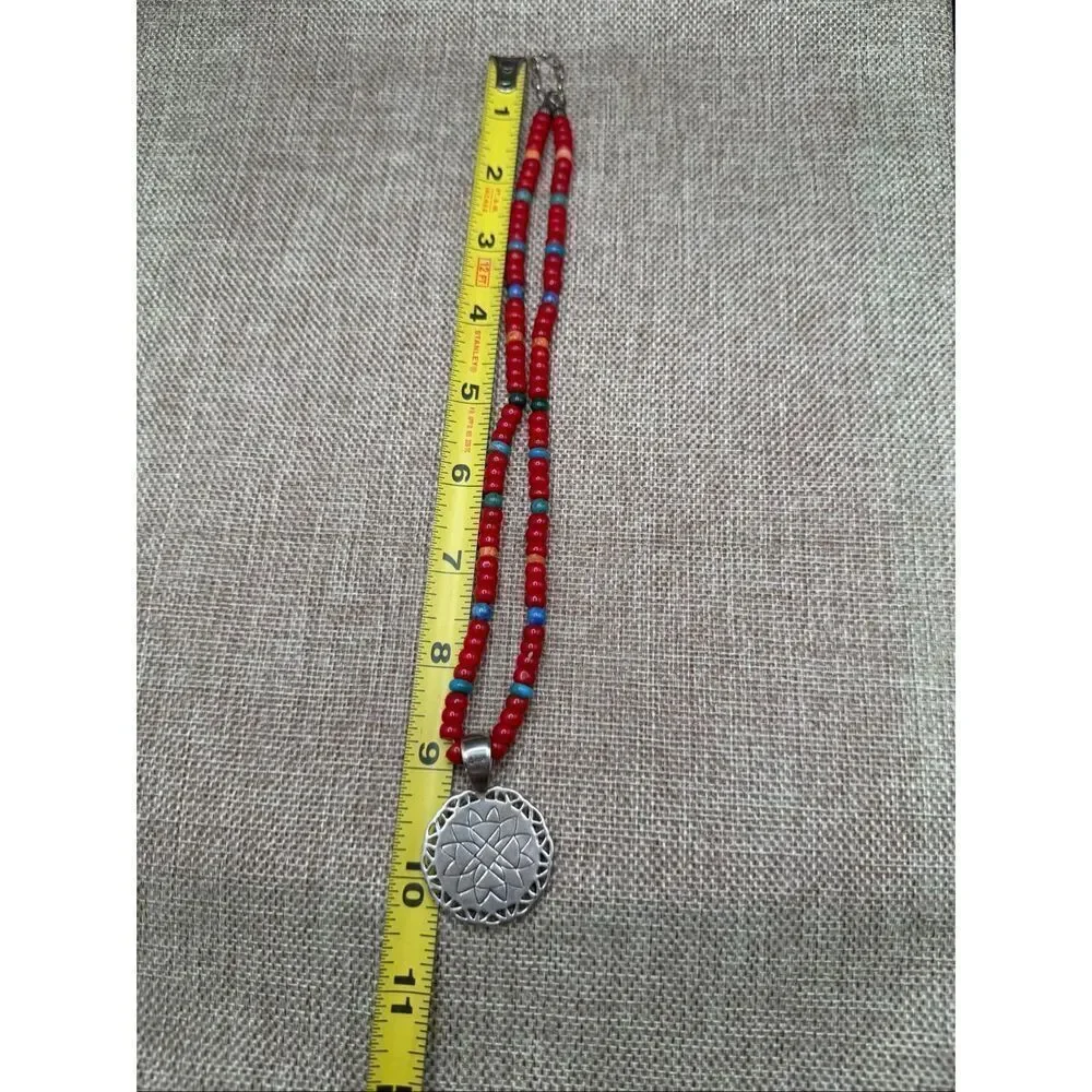 Sterling Silver Mosaic Pendant Necklace on Red Beaded Strand – Boho Artisan Styl